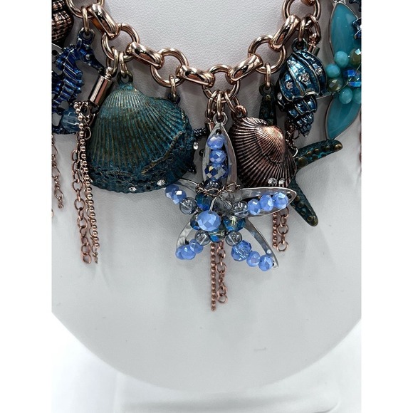 Copper Blue Beach Seashell Starfish Dangle Charms Bib Necklace - Picture 3 of 14